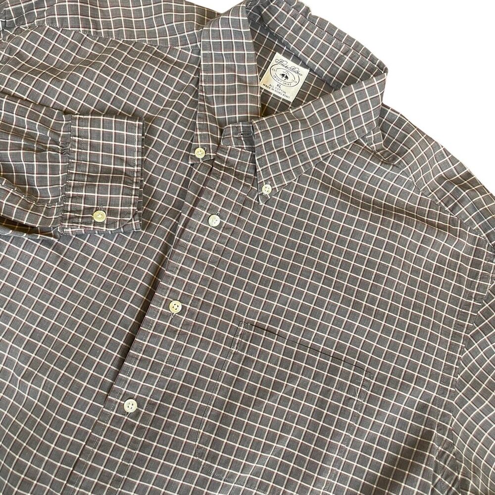 Brooks Brothers Shirt Mens XL Grey Red White 100% Cotton Long Sleeve Button Down